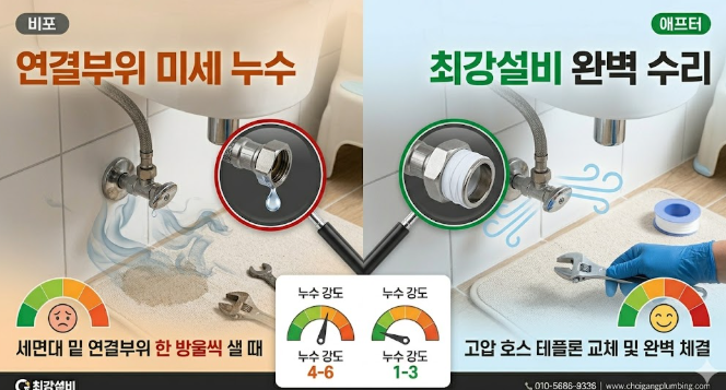 앵글밸브 교체 전후 누수 비교