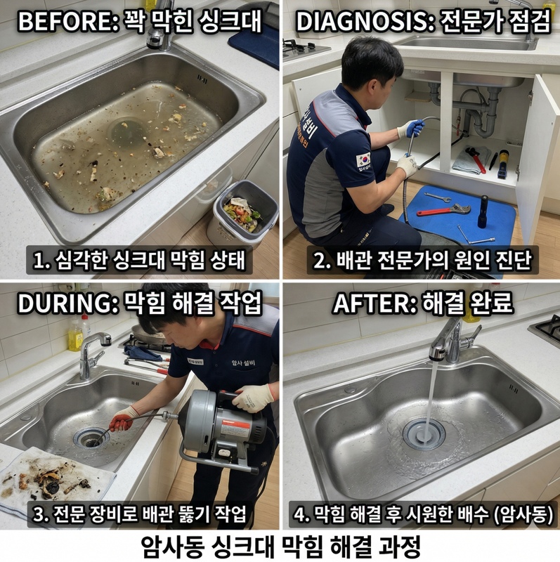 암사동 싱크대 막힘 작업 전후