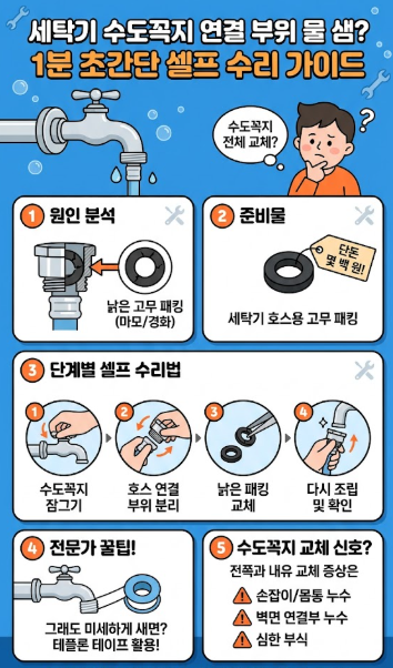 세탁기 수도꼭지 물 샐때 고무패킹 고무 교환하는 방법