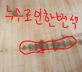 정수기 누수로 강화마루 변색 및 썪음