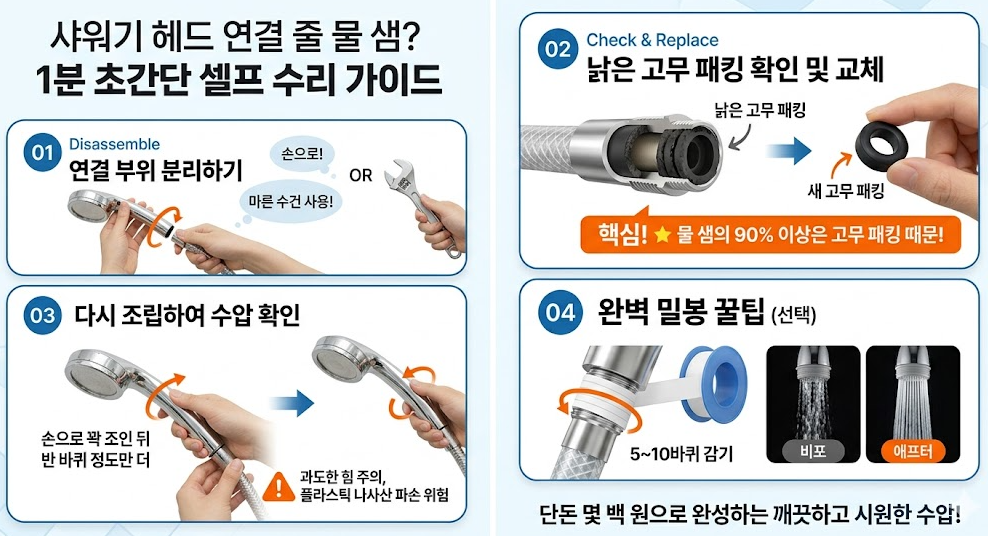 샤워기 헤드 물 샐때 해결 방